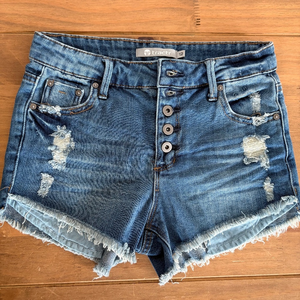 Tractr High-Rise Distressed Button-Fly Denim Shorts | Size 12